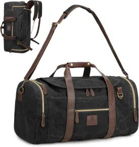 60L Duffle Bag for Men, Nomad Waxed Canvas Travel Duffel Bag Vintage Genuine Leather Travel Handbag Upgraded Weekender Overnight Backpack with Shoes Compartment (Vintage Black, X Large-60L)