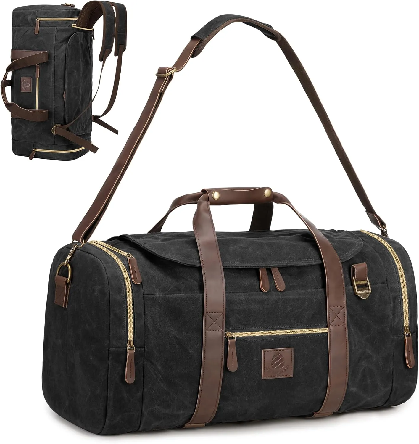 60L Duffle Bag for Men, Nomad Waxed Canvas Travel Duffel Bag Vintage Genuine Leather Travel Handbag Upgraded Weekender Overnight Backpack with Shoes Compartment (Vintage Black, X Large-60L)