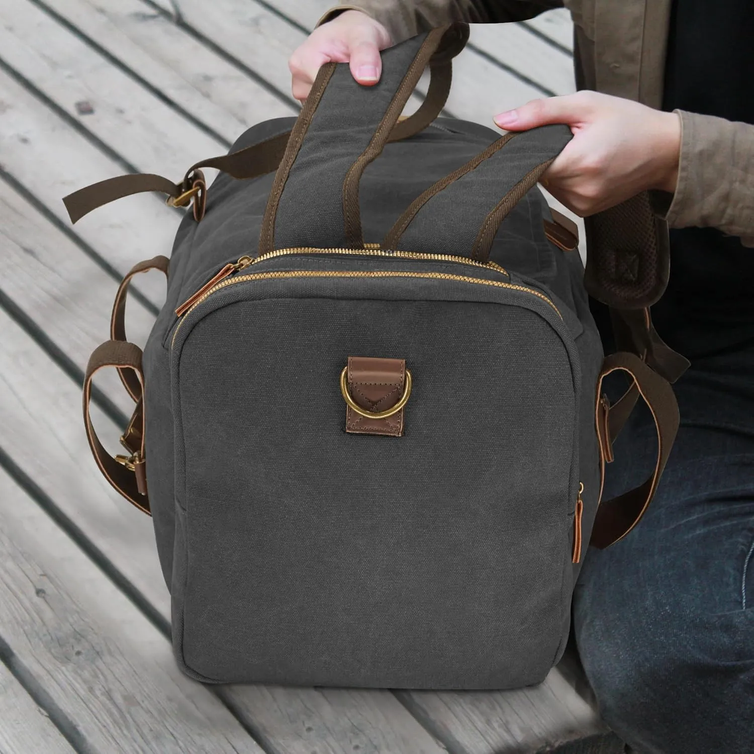 60L Travel Bags for Men, Nomad Canvas Duffle Bag Vintage Genuine Leather Travel Duffel Bag Multifunctional Weekender Overnight Backpack with Shoes Compartment (Black, X Large-60L)