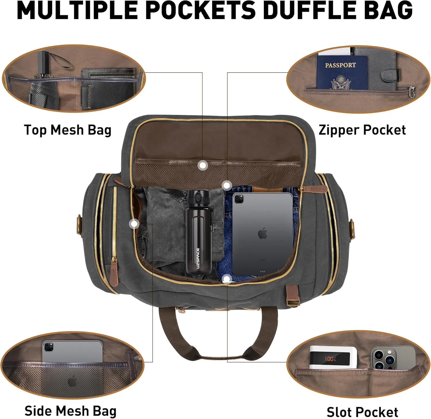 60L Travel Bags for Men, Nomad Canvas Duffle Bag Vintage Genuine Leather Travel Duffel Bag Multifunctional Weekender Overnight Backpack with Shoes Compartment (Black, X Large-60L)