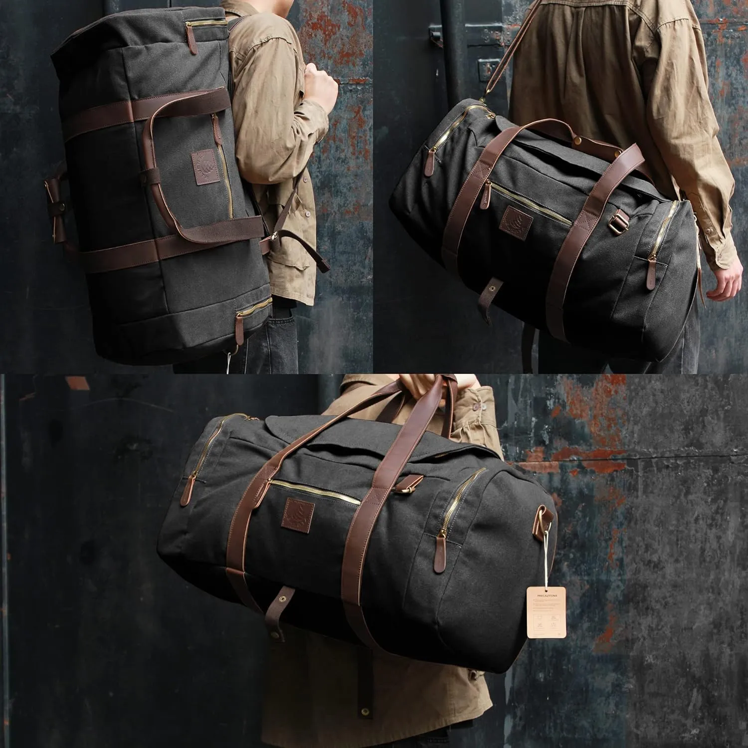 60L Travel Bags for Men, Nomad Canvas Duffle Bag Vintage Genuine Leather Travel Duffel Bag Multifunctional Weekender Overnight Backpack with Shoes Compartment (Black, X Large-60L)