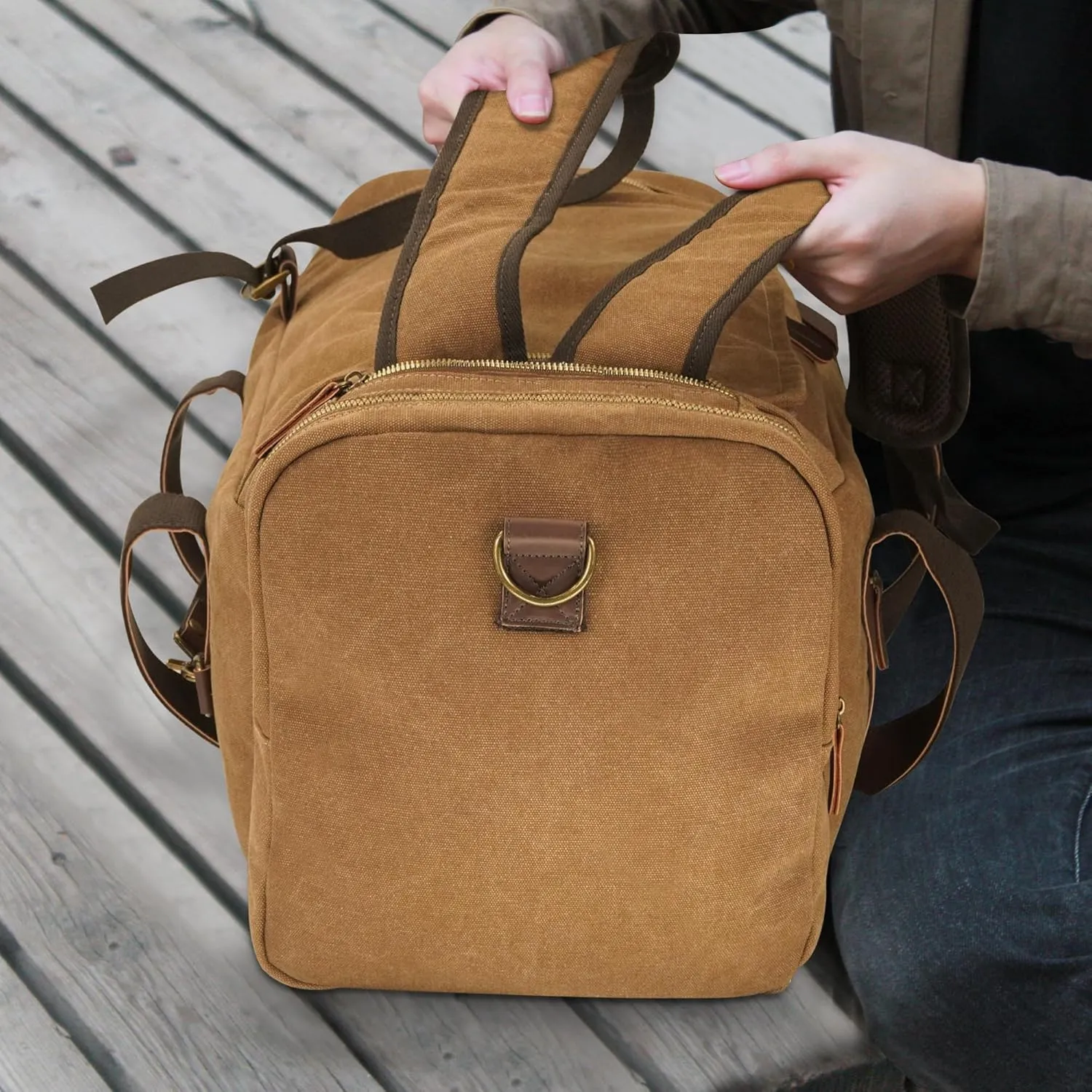 60L Travel Bags for Men, Nomad Canvas Duffle Bag Vintage Genuine Leather Travel Duffel Bag Multifunctional Weekender Overnight Backpack with Shoes Compartment (Coffee, X Large-60L)