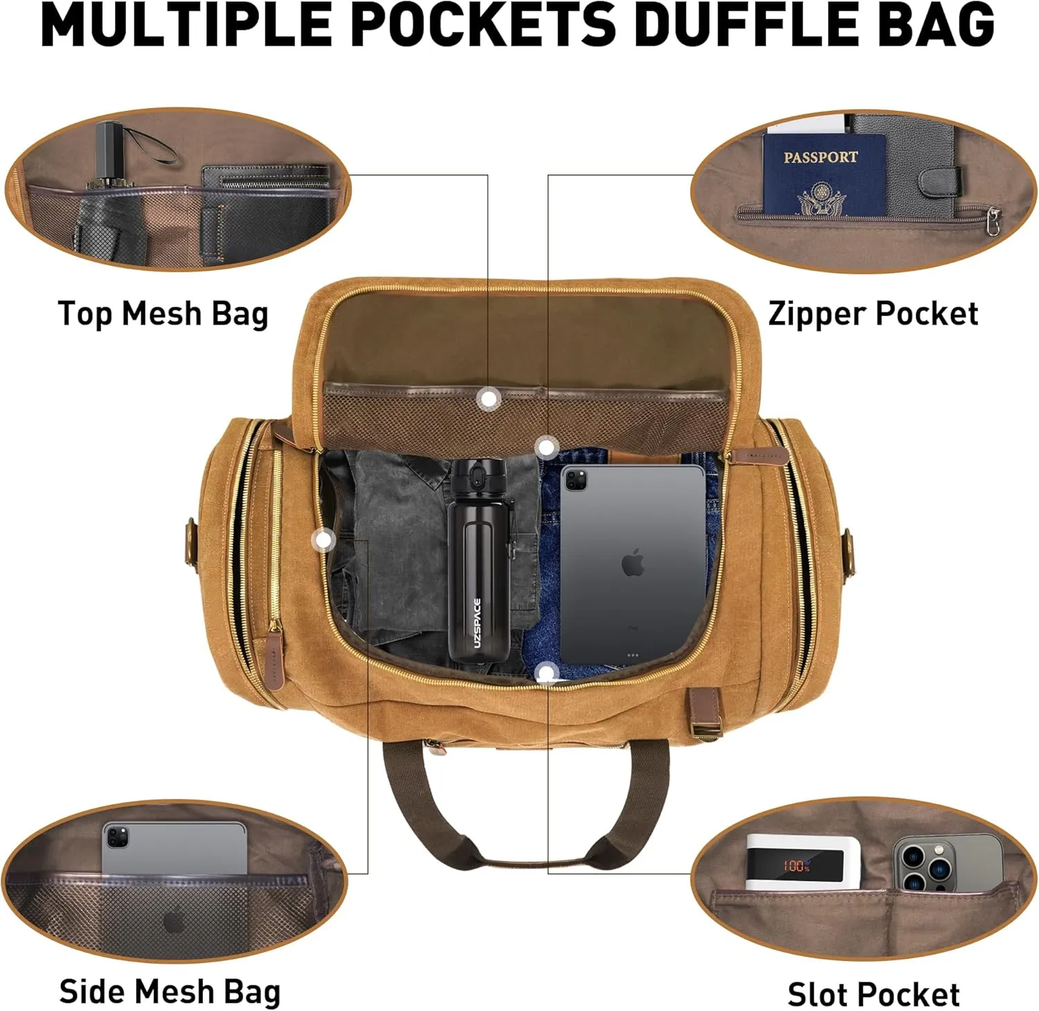 60L Travel Bags for Men, Nomad Canvas Duffle Bag Vintage Genuine Leather Travel Duffel Bag Multifunctional Weekender Overnight Backpack with Shoes Compartment (Coffee, X Large-60L)