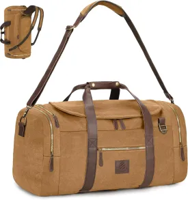 60L Travel Bags for Men, Nomad Canvas Duffle Bag Vintage Genuine Leather Travel Duffel Bag Multifunctional Weekender Overnight Backpack with Shoes Compartment (Coffee, X Large-60L)