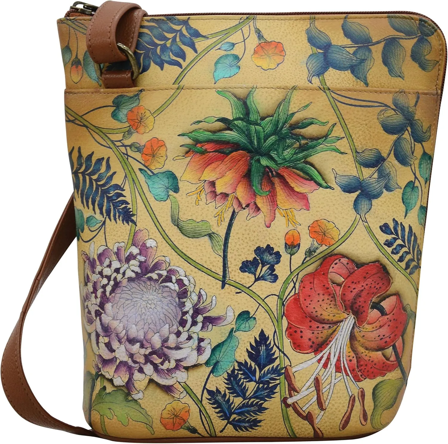 Anuschka Original Leather Hand-Painted Organizer Crossbody with Extended Side Zipper and Adjustable Strap