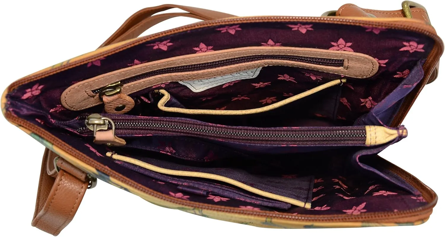 Anuschka Original Leather Hand-Painted Organizer Crossbody with Extended Side Zipper and Adjustable Strap