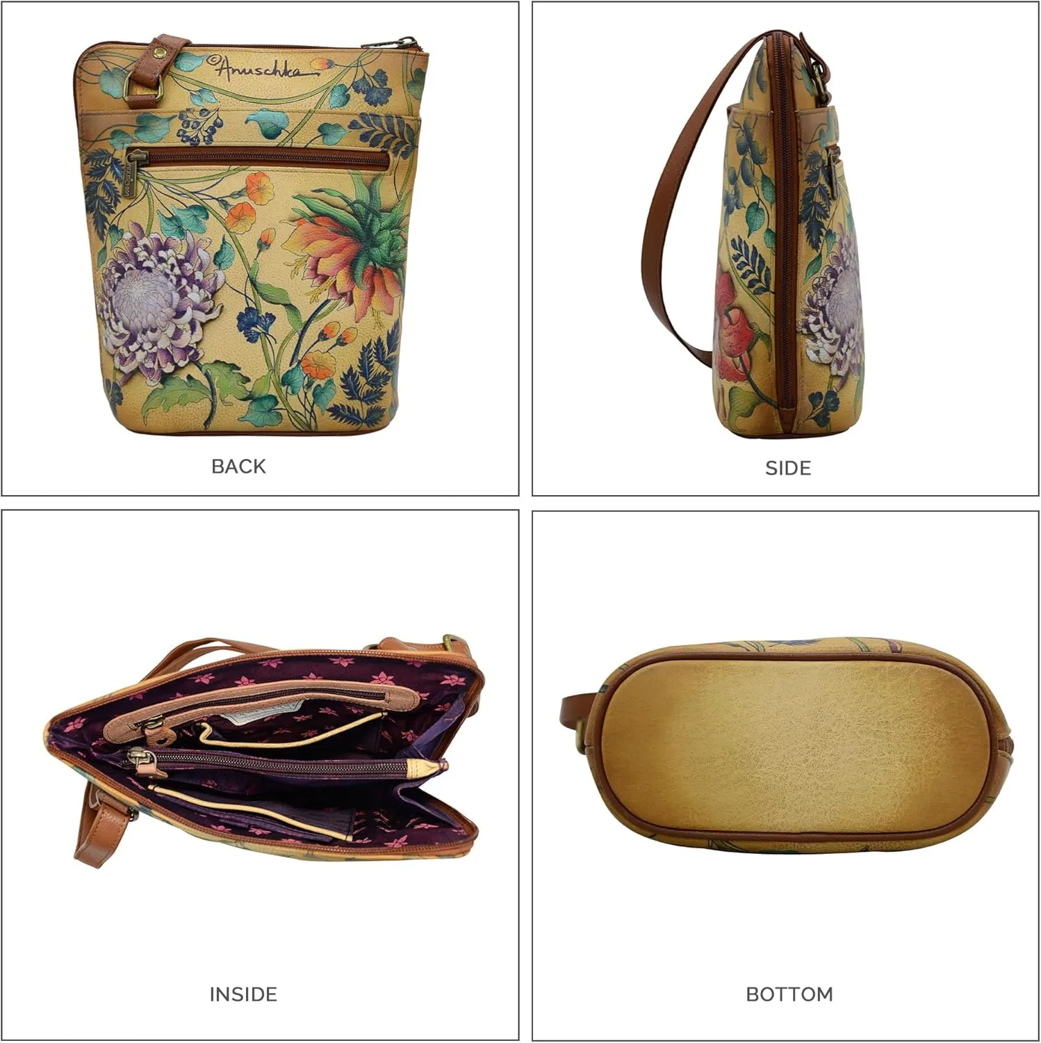 Anuschka Original Leather Hand-Painted Organizer Crossbody with Extended Side Zipper and Adjustable Strap