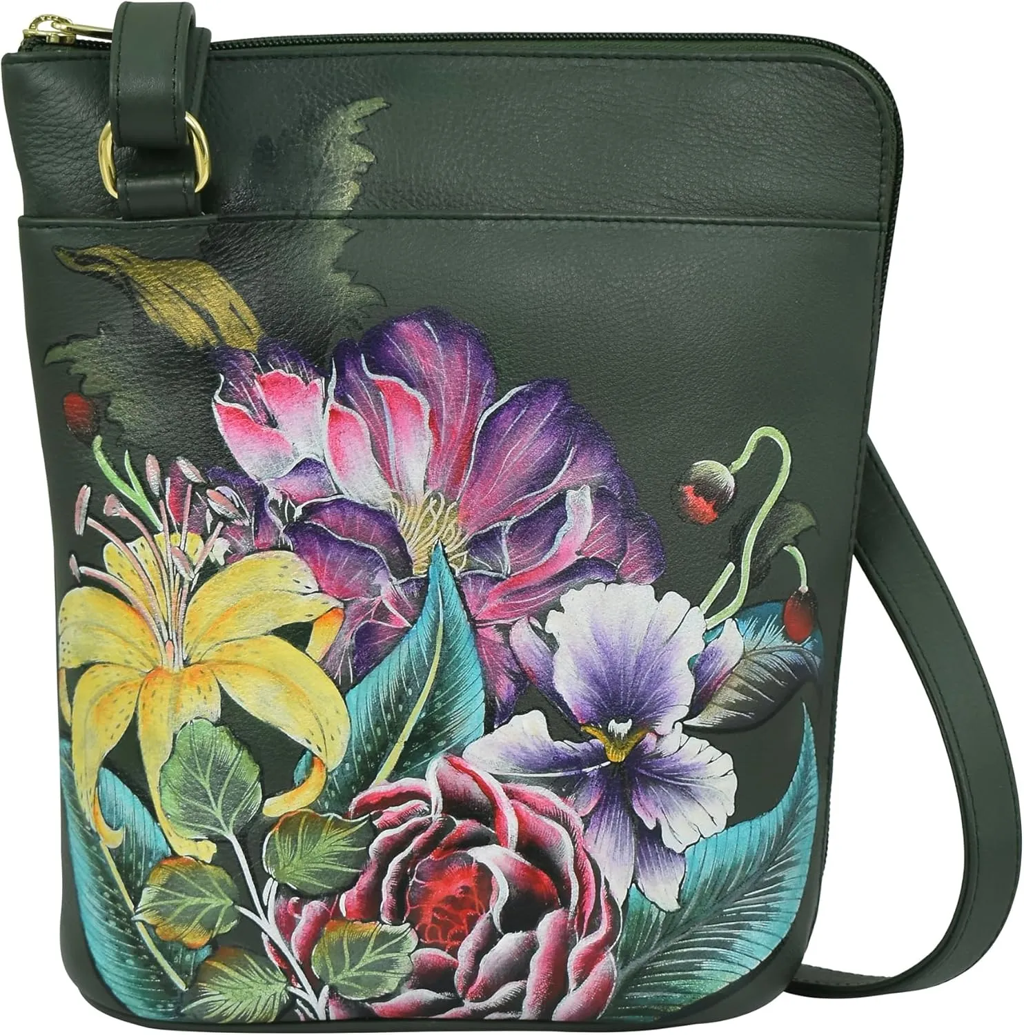 Anuschka Original Leather Hand-Painted Organizer Crossbody with Extended Side Zipper and Adjustable Strap
