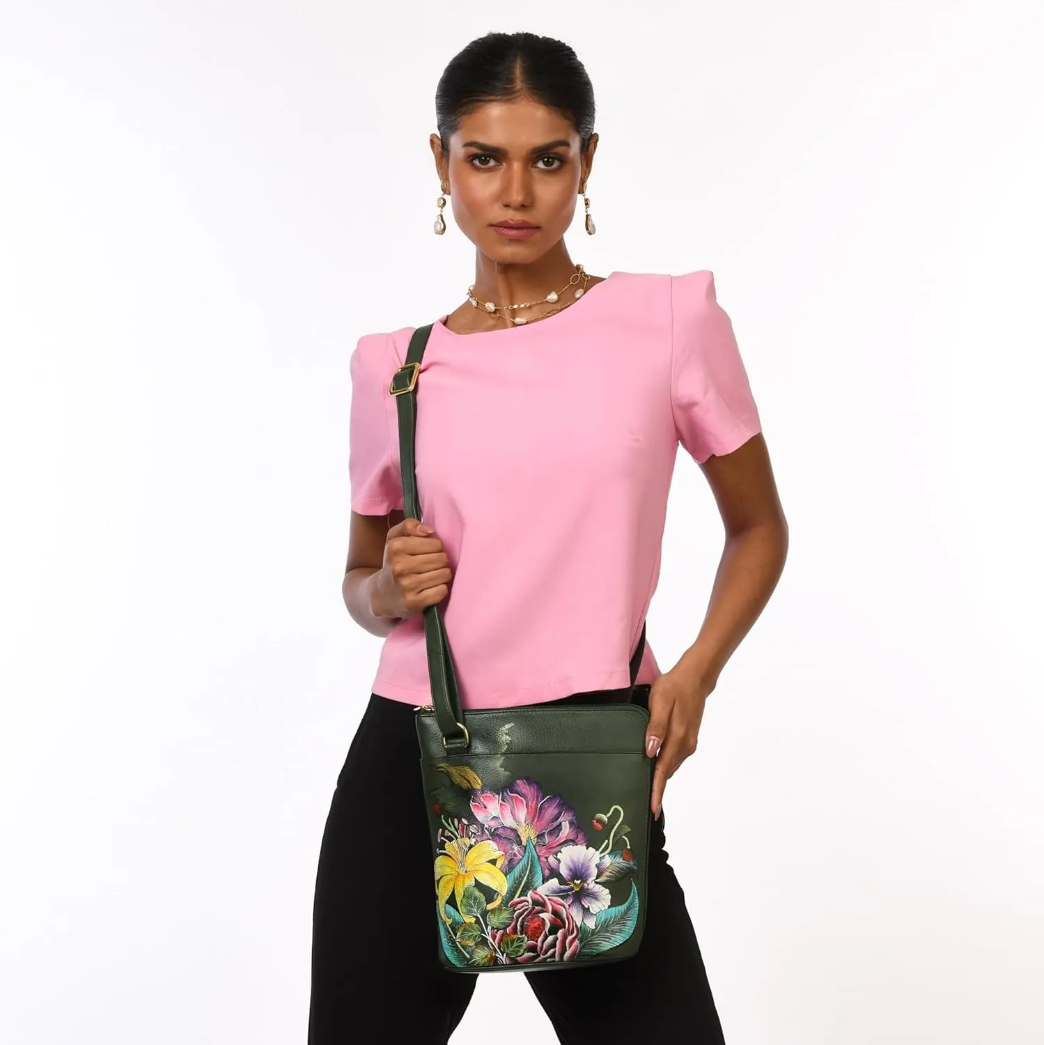 Anuschka Original Leather Hand-Painted Organizer Crossbody with Extended Side Zipper and Adjustable Strap