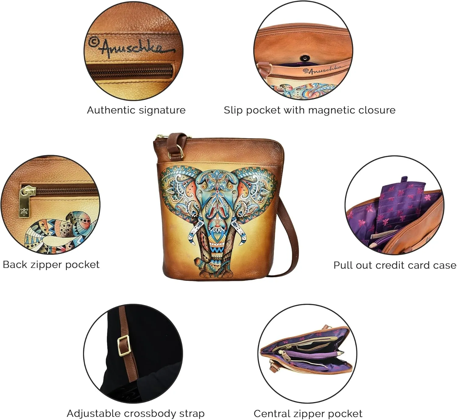 Anuschka Original Leather Hand-Painted Organizer Crossbody with Extended Side Zipper and Adjustable Strap