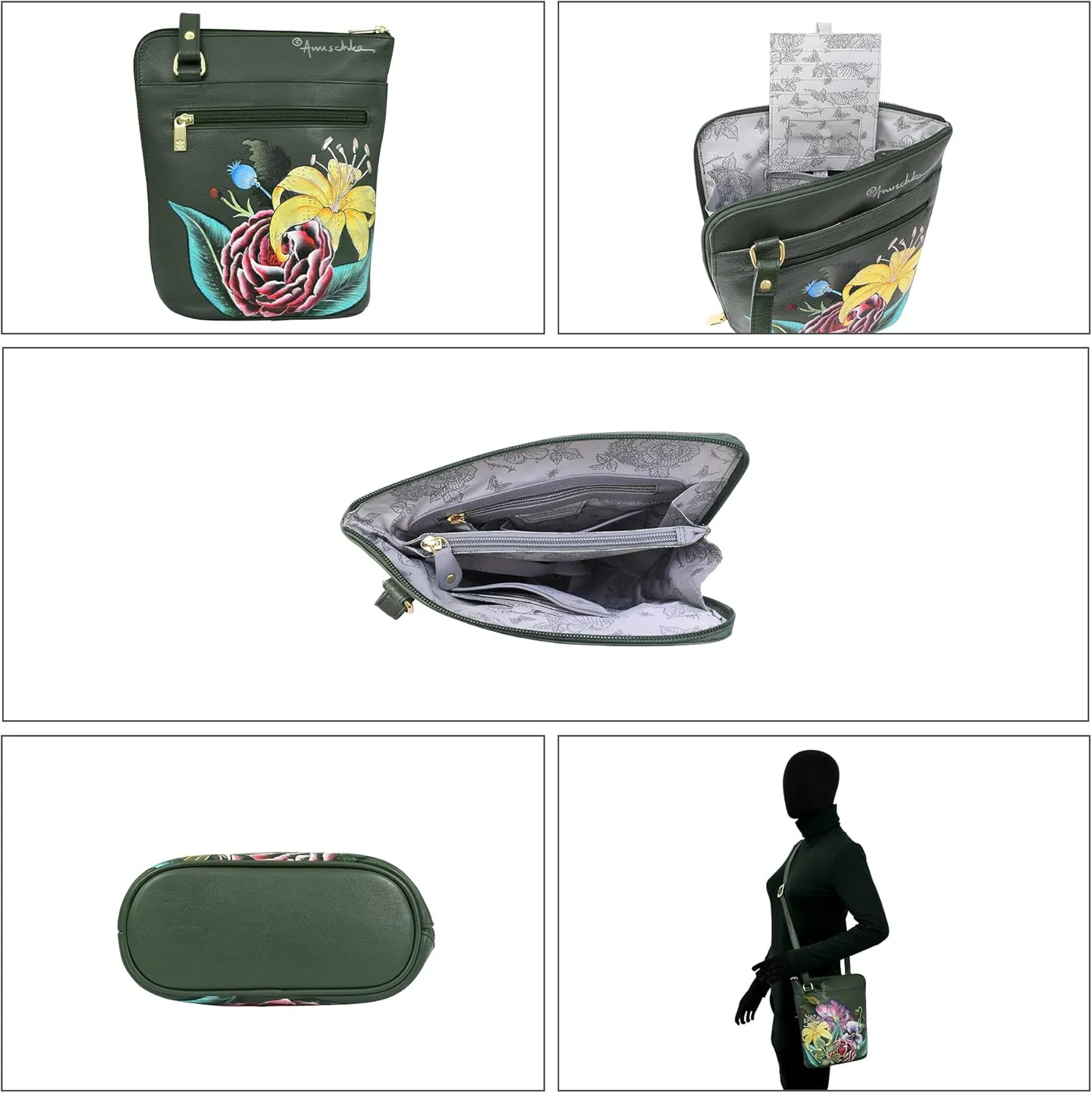 Anuschka Original Leather Hand-Painted Organizer Crossbody with Extended Side Zipper and Adjustable Strap