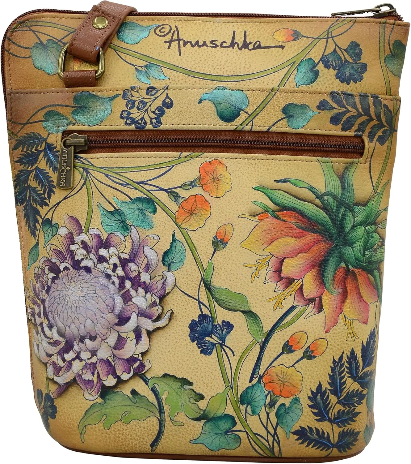 Anuschka Original Leather Hand-Painted Organizer Crossbody with Extended Side Zipper and Adjustable Strap