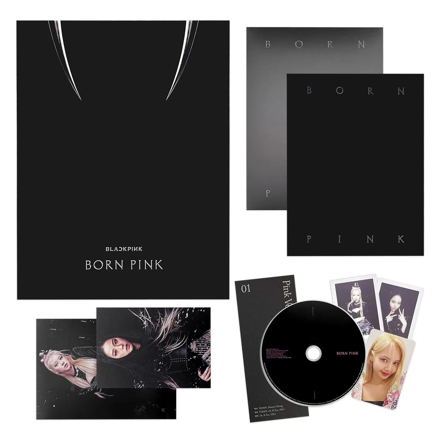 BLACKPINK - [BORN PINK] (BLACK Ver.) CD   Photobook   Envelope   Lyrics Paper   Large Photocard   Postcard   Instant Films   Selfie Photocard   2 Pin Badges   4 Extra Photocards