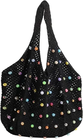 Boho Crochet Beach Tote Shoulder Bag with Colored Beads | Colorful Aesthetic Hippie Knit Bag for Women