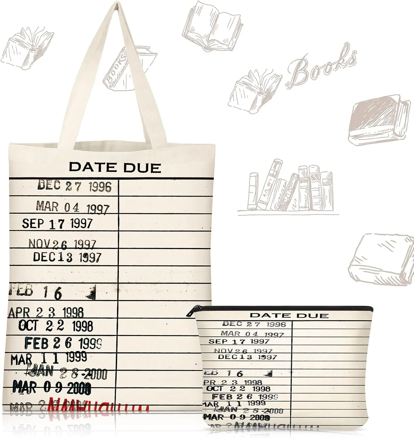 Coume 2 Pcs Library Due Date Tote Bag and Cosmetic Bag Book Lovers Gifts for Women Friends Librarian Book Club Reading Lovers