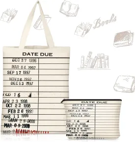 Coume 2 Pcs Library Due Date Tote Bag and Cosmetic Bag Book Lovers Gifts for Women Friends Librarian Book Club Reading Lovers