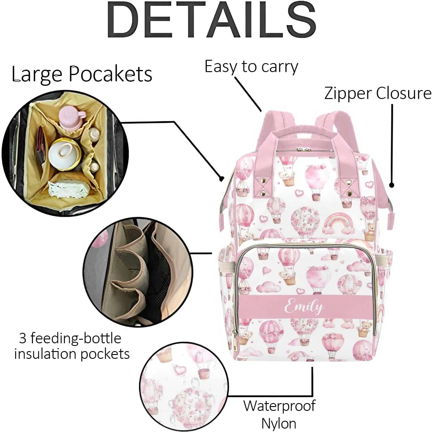 Custom Diaper Bag Backpack for Women, Personalized Name Nursing Mommy Daypack, Diaper Bag for Girls Boys, New Mom Gifts (Hot Air Balloons)