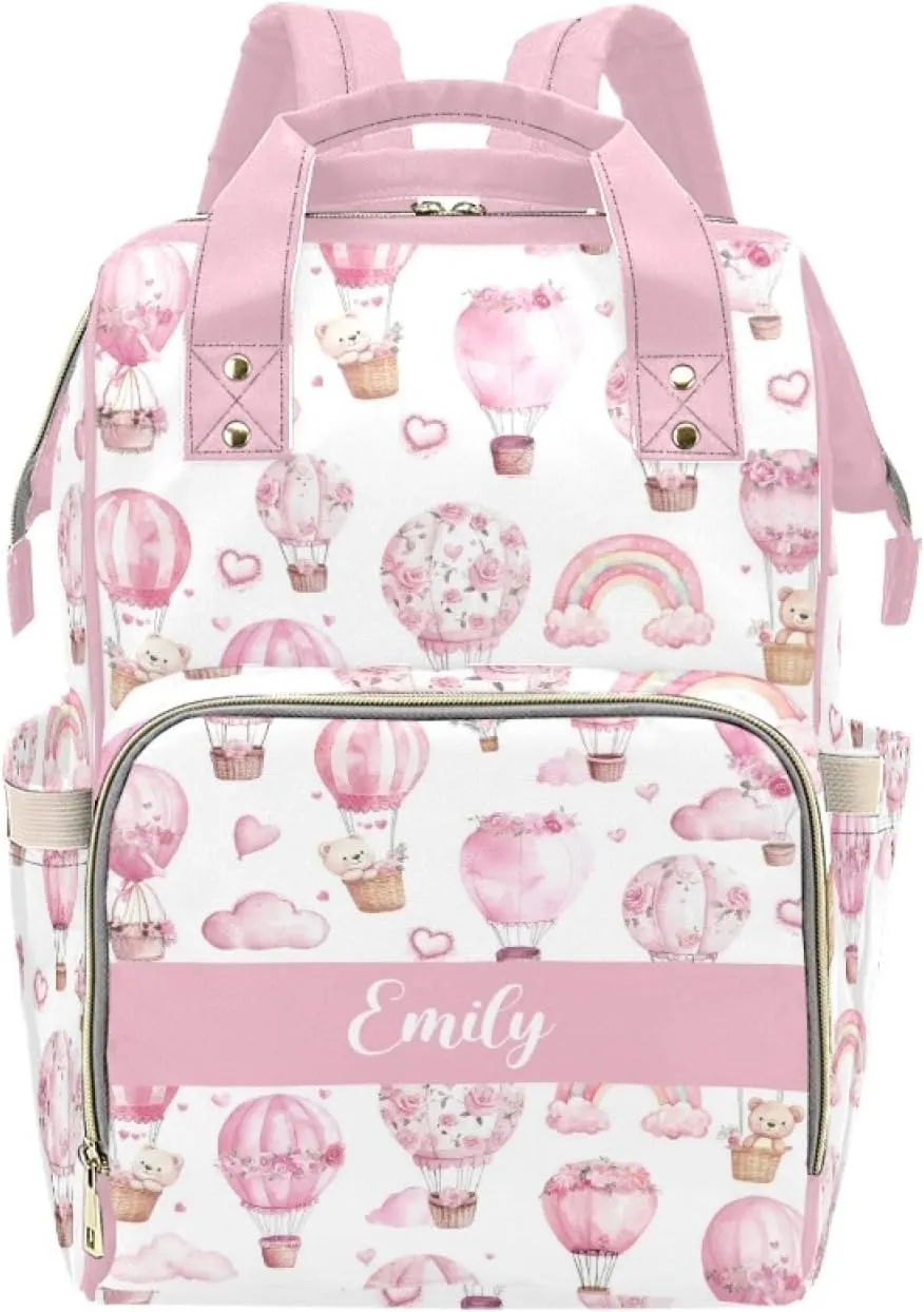 Custom Diaper Bag Backpack for Women, Personalized Name Nursing Mommy Daypack, Diaper Bag for Girls Boys, New Mom Gifts (Hot Air Balloons)