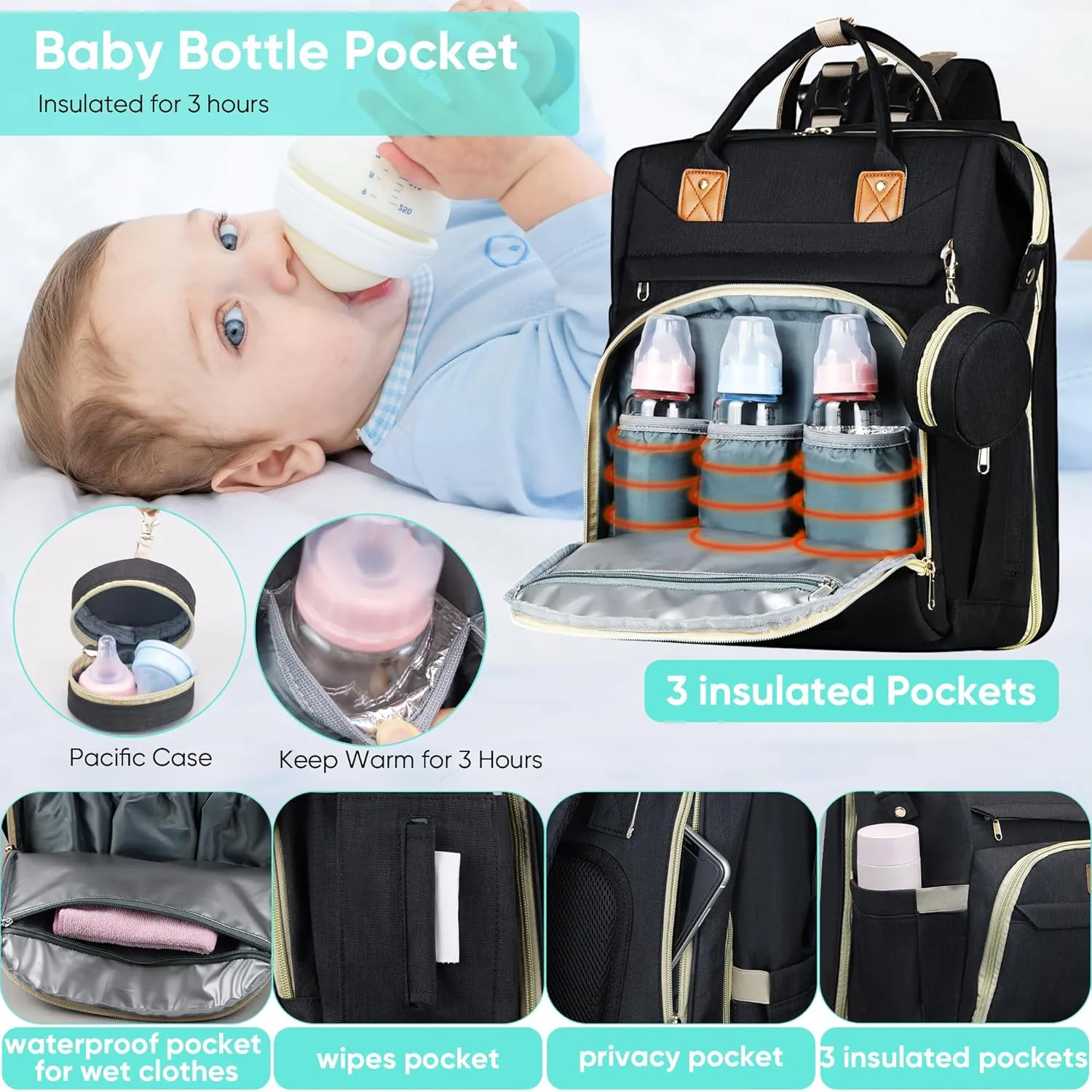Diaper Bag Backpack for Mom and Dad, Large Capacity Baby Travel Bag with USB Charging Port, Waterproof Foldable Baby Bag for Boys and Girls, Stylish Maternity Backpack for Travel & Hospital Black