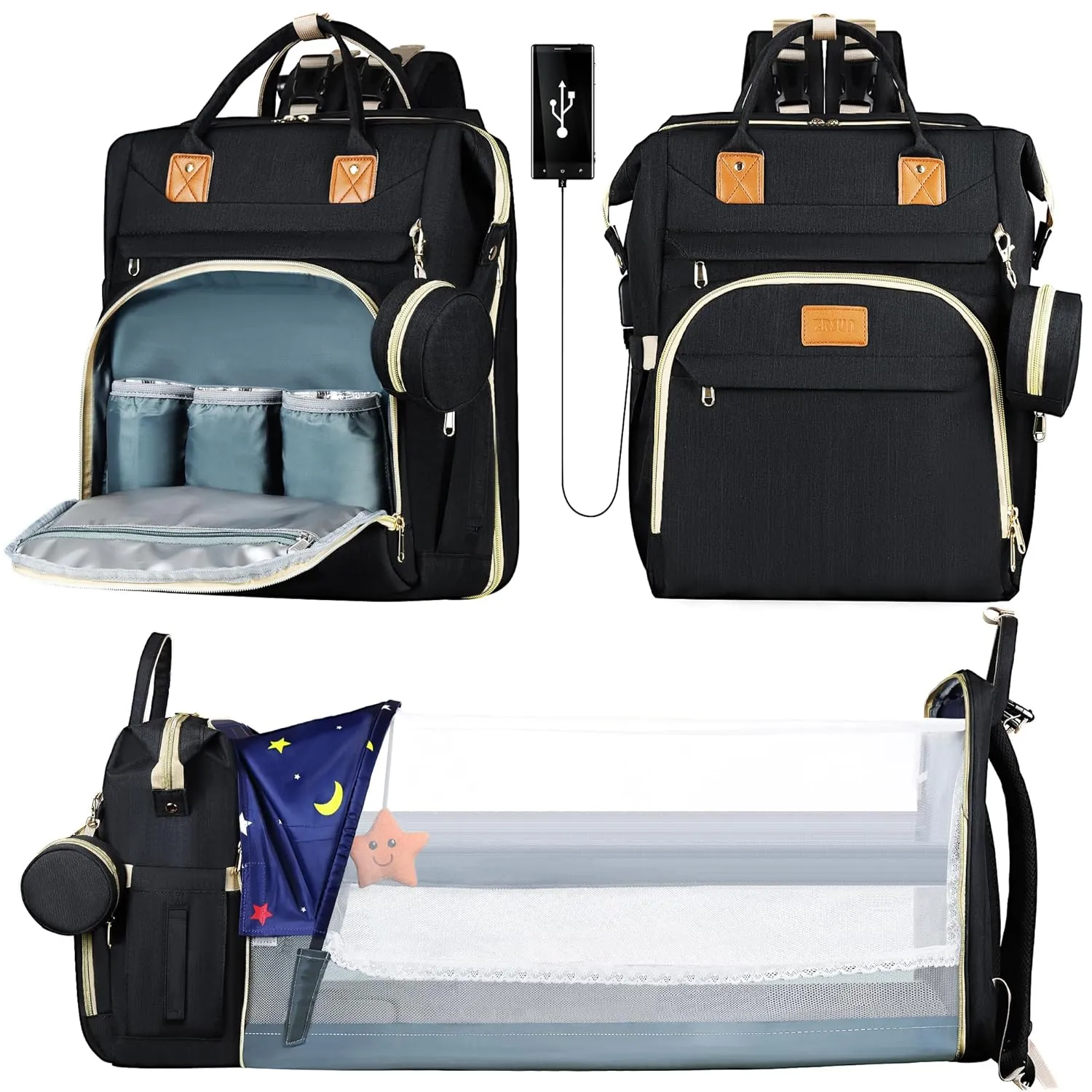 Diaper Bag Backpack for Mom and Dad, Large Capacity Baby Travel Bag with USB Charging Port, Waterproof Foldable Baby Bag for Boys and Girls, Stylish Maternity Backpack for Travel & Hospital Black