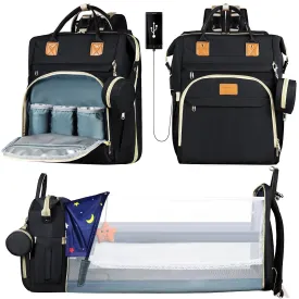 Diaper Bag Backpack for Mom and Dad, Large Capacity Baby Travel Bag with USB Charging Port, Waterproof Foldable Baby Bag for Boys and Girls, Stylish Maternity Backpack for Travel & Hospital Black