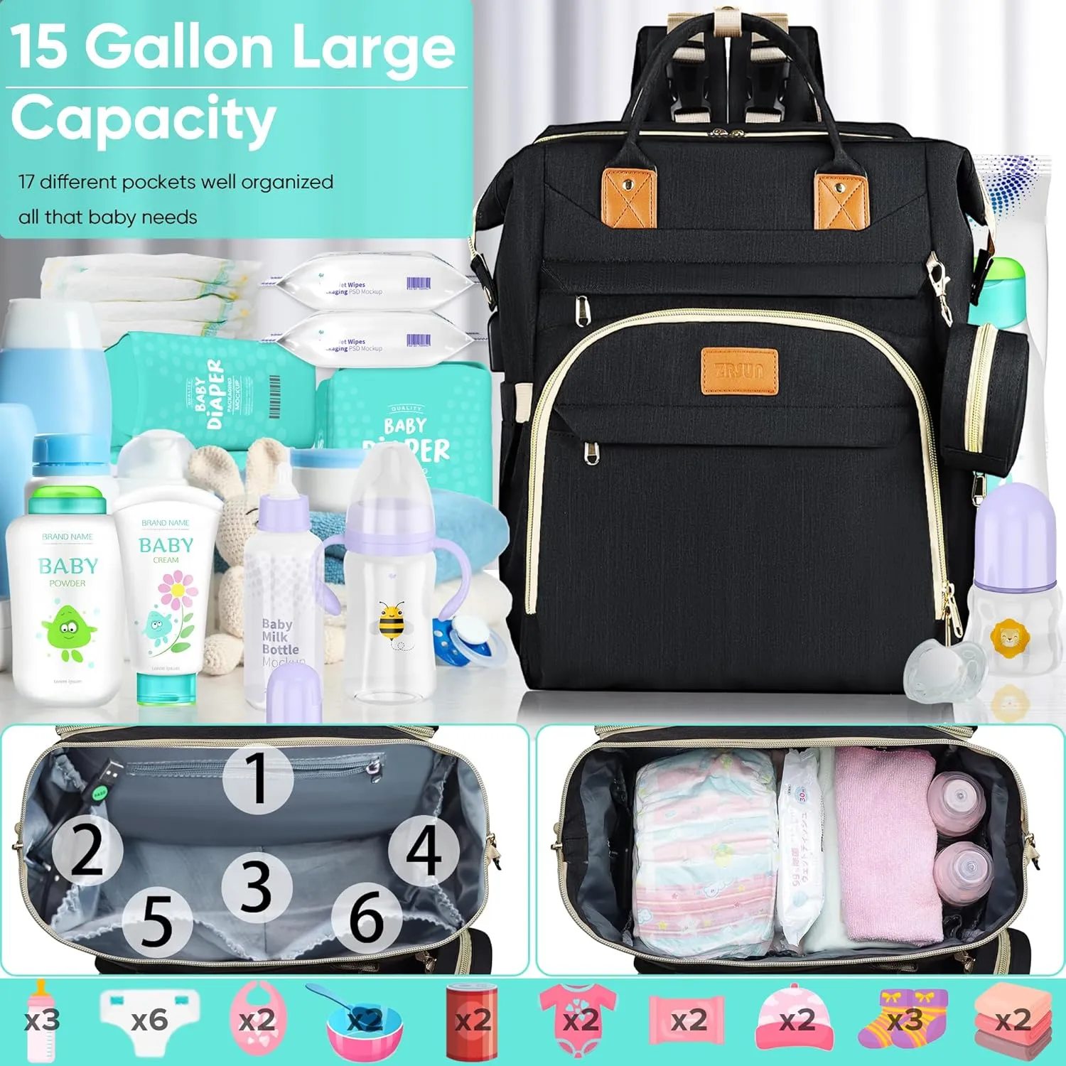 Diaper Bag Backpack for Mom and Dad, Large Capacity Baby Travel Bag with USB Charging Port, Waterproof Foldable Baby Bag for Boys and Girls, Stylish Maternity Backpack for Travel & Hospital Black