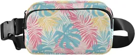 Fanny Pack Belt Bag for Women Palm Leaves Pink Blue Fashion Crossbody Bag Waist Pack Sling Backpack with Adjustable Strap
