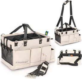 FifthStart Multiuse Cleaning Caddy with Waist & Shoulder Strap,9 Pockets Easily Cleaned Beach Bag, Mesh Base & Adjustable Compartments - Beige Large - Caddy Organizer with Handle, Cleaning Caddy Bag