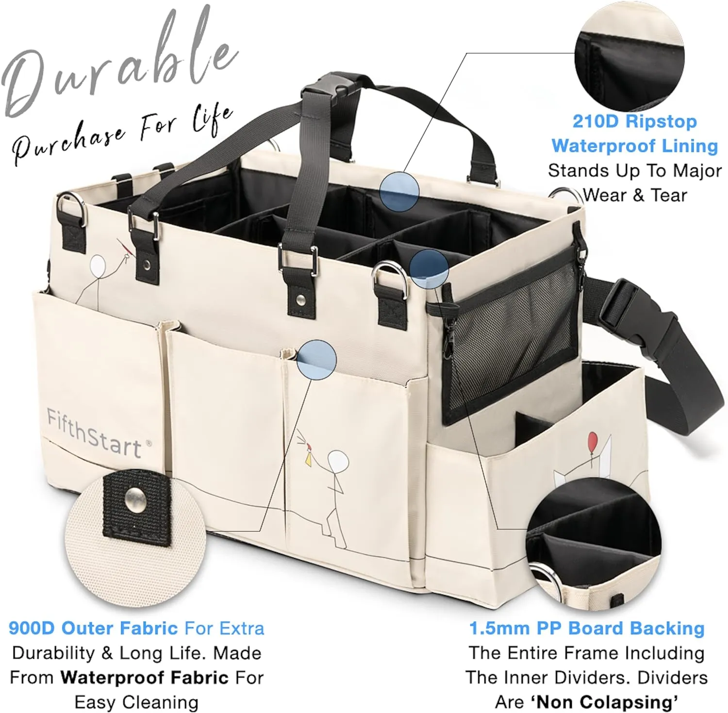 FifthStart Multiuse Cleaning Caddy with Waist & Shoulder Strap,9 Pockets Easily Cleaned Beach Bag, Mesh Base & Adjustable Compartments - Beige Large - Caddy Organizer with Handle, Cleaning Caddy Bag