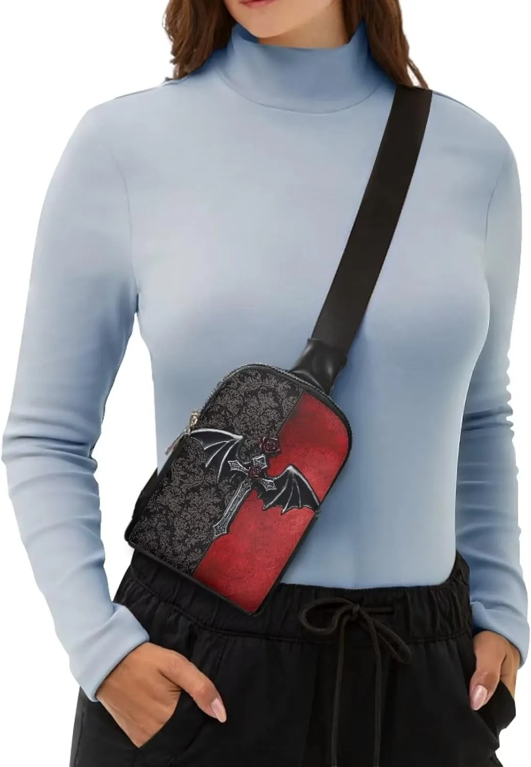 Gothic Cross Bag Small Sling Bag for Women Red Goth Damask Floral Leather Crossbody Fanny Packs Chest Bag, Running Bag Travel Waist Bag