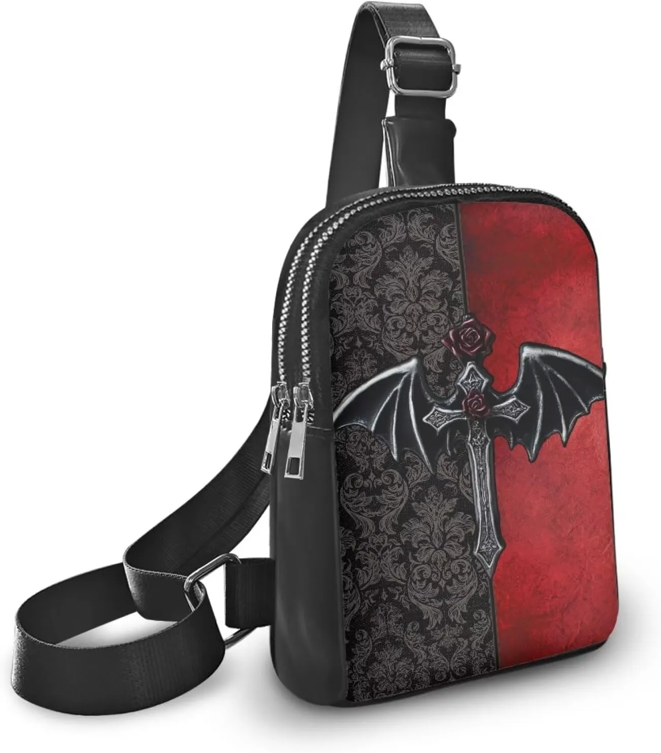 Gothic Cross Bag Small Sling Bag for Women Red Goth Damask Floral Leather Crossbody Fanny Packs Chest Bag, Running Bag Travel Waist Bag