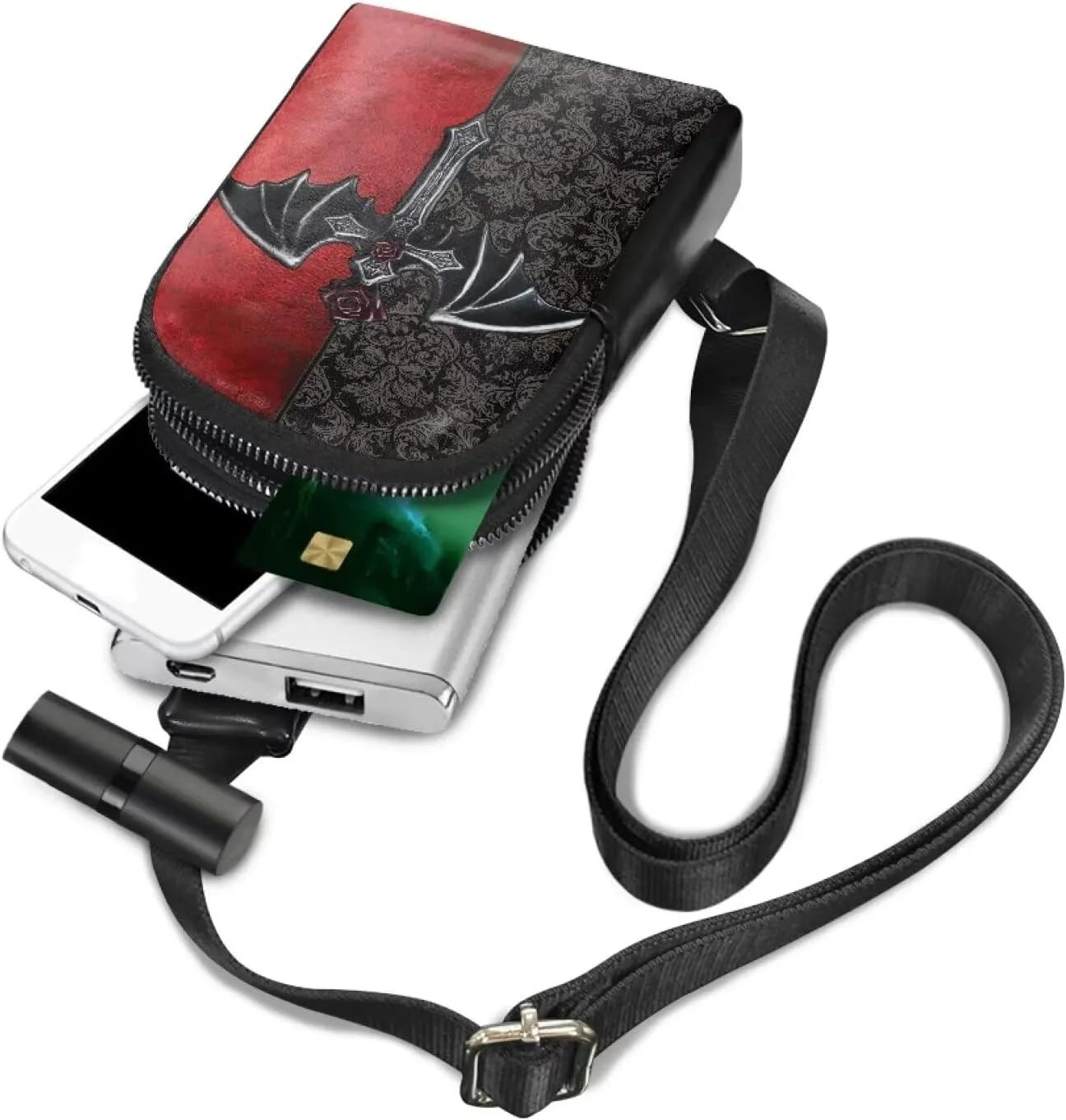 Gothic Cross Bag Small Sling Bag for Women Red Goth Damask Floral Leather Crossbody Fanny Packs Chest Bag, Running Bag Travel Waist Bag