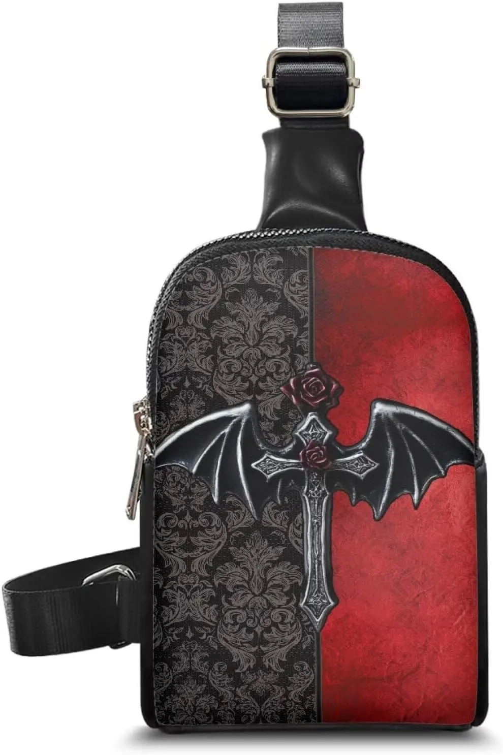 Gothic Cross Bag Small Sling Bag for Women Red Goth Damask Floral Leather Crossbody Fanny Packs Chest Bag, Running Bag Travel Waist Bag