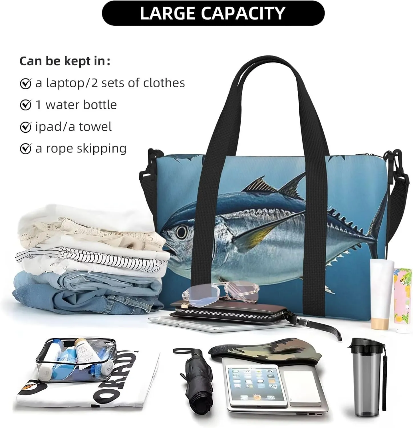 Gym Bag Bluefin Tuna Thunnus2 Duffel Bag for Men Women Travel Overnight Bag with Shoe Compartment Workout Bags