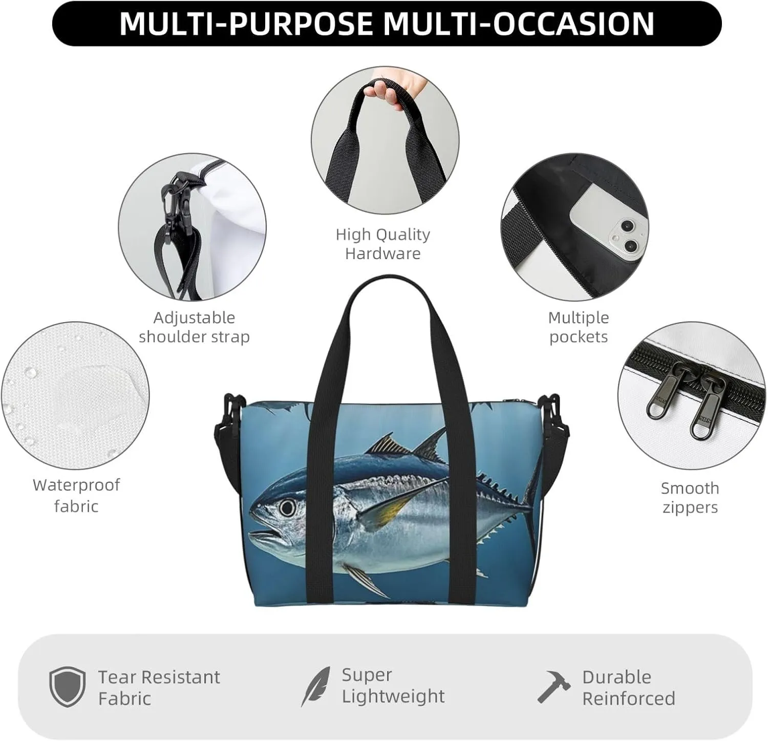 Gym Bag Bluefin Tuna Thunnus2 Duffel Bag for Men Women Travel Overnight Bag with Shoe Compartment Workout Bags