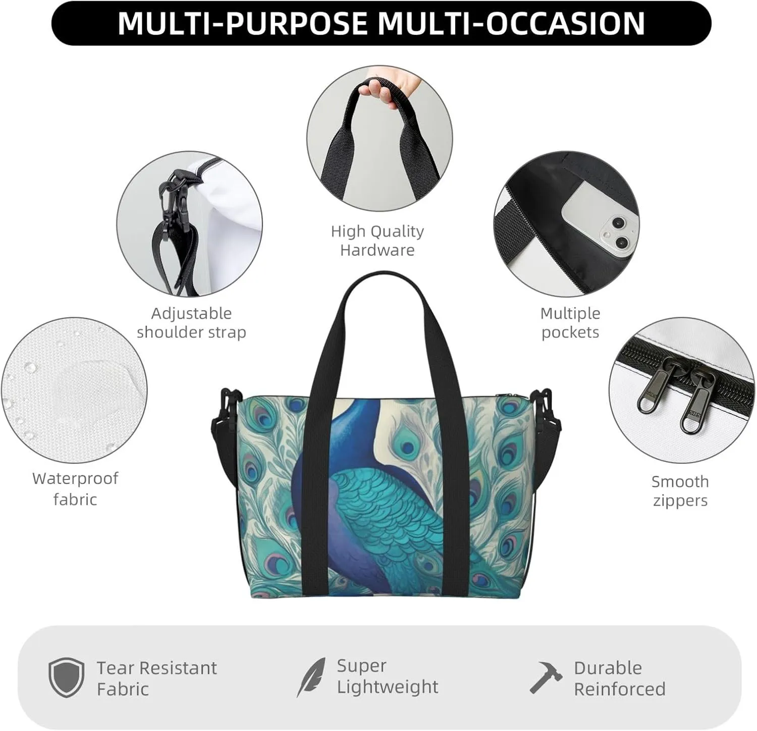Gym Bags Small Cute Peacock Duffel Bag Overnight Bag with Shoe Compartment Carryon Bag for Men Women