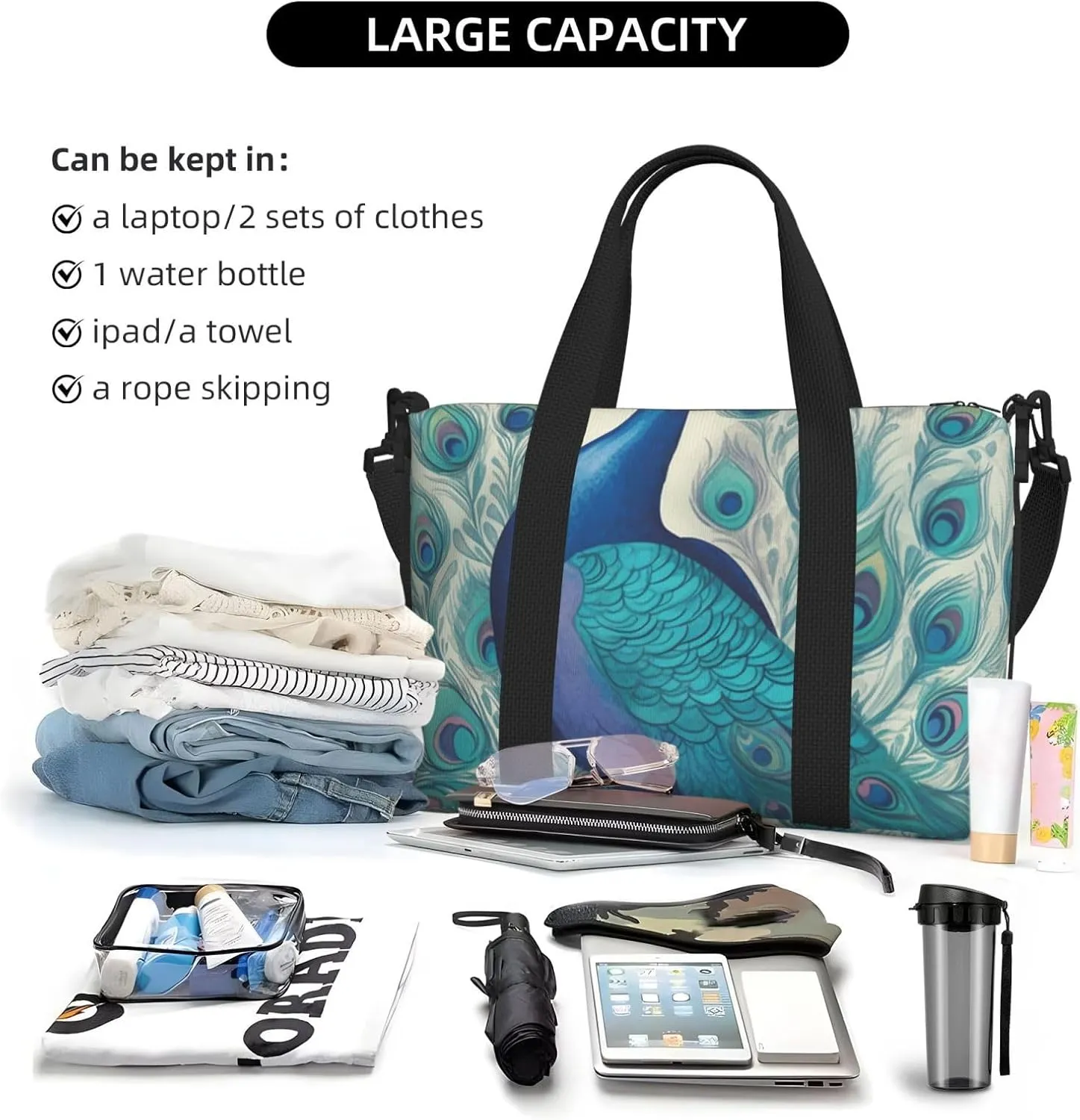 Gym Bags Small Cute Peacock Duffel Bag Overnight Bag with Shoe Compartment Carryon Bag for Men Women