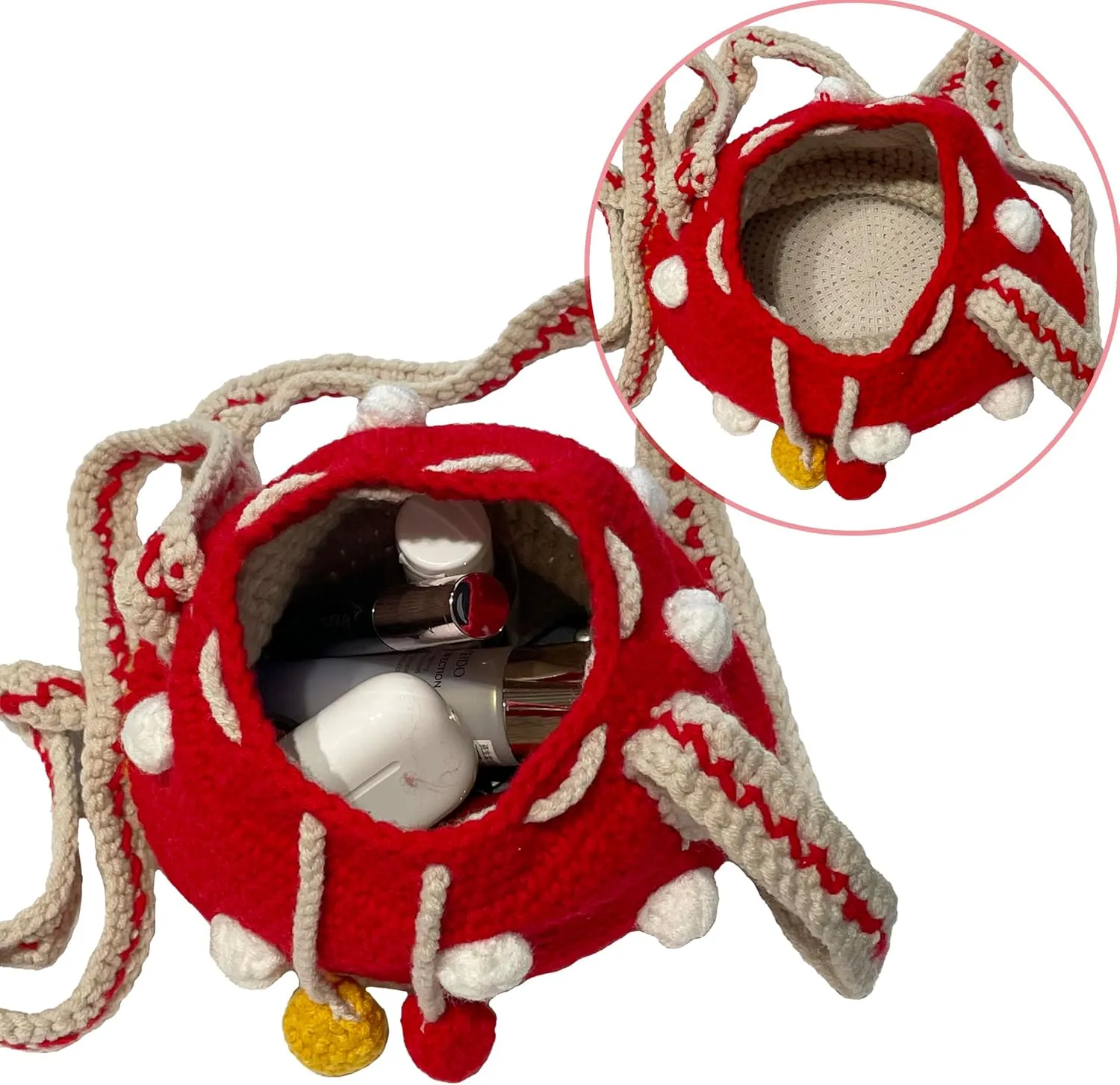 Handmade Knitted Purse Wool Knitted Mushroom Shoulder Bag for Women Crossbody Bucket Bag with Drawstring