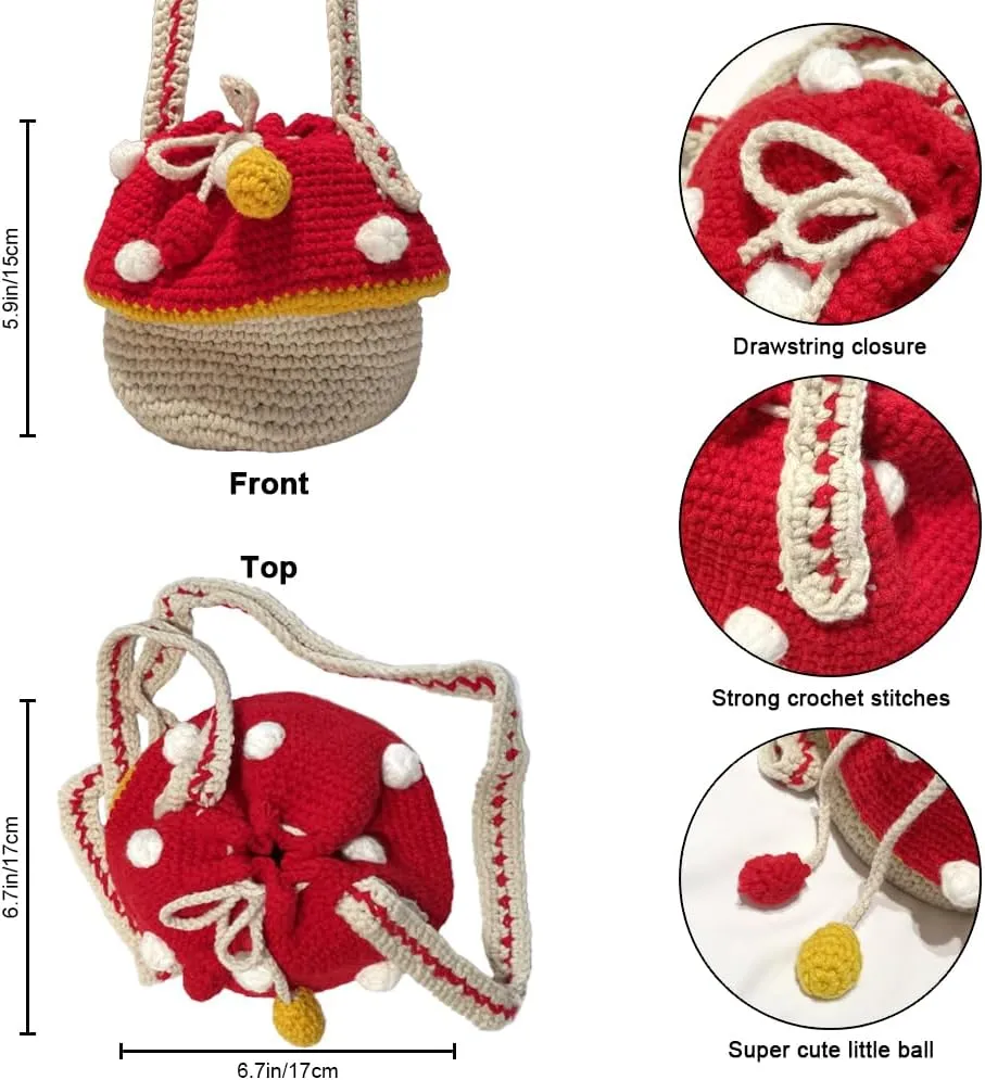 Handmade Knitted Purse Wool Knitted Mushroom Shoulder Bag for Women Crossbody Bucket Bag with Drawstring