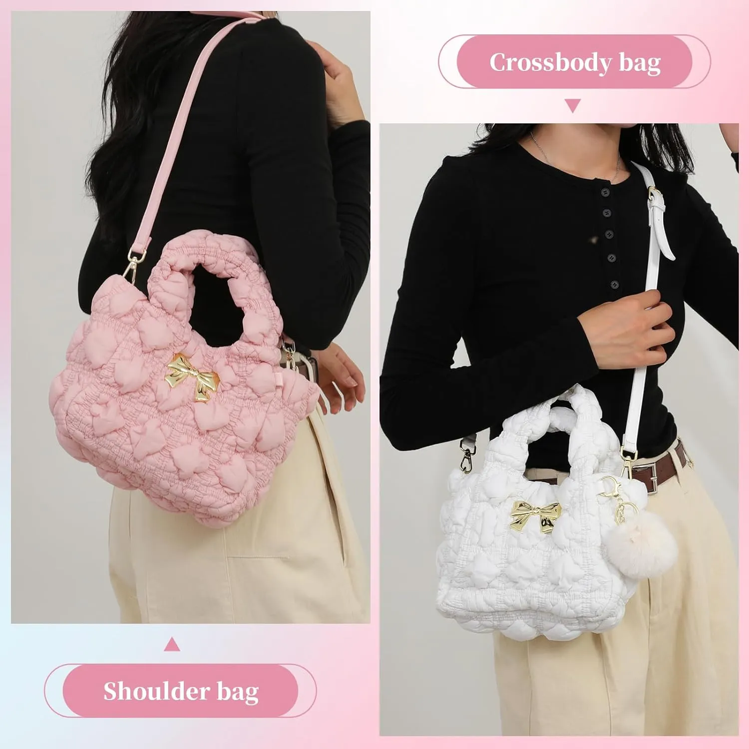 I IHAYNER Quilted Small Top Handle Puffer Bag Crossbody Shoulder Bag with Zipper Bubble Hobo Handbag Carryall Bag for Women