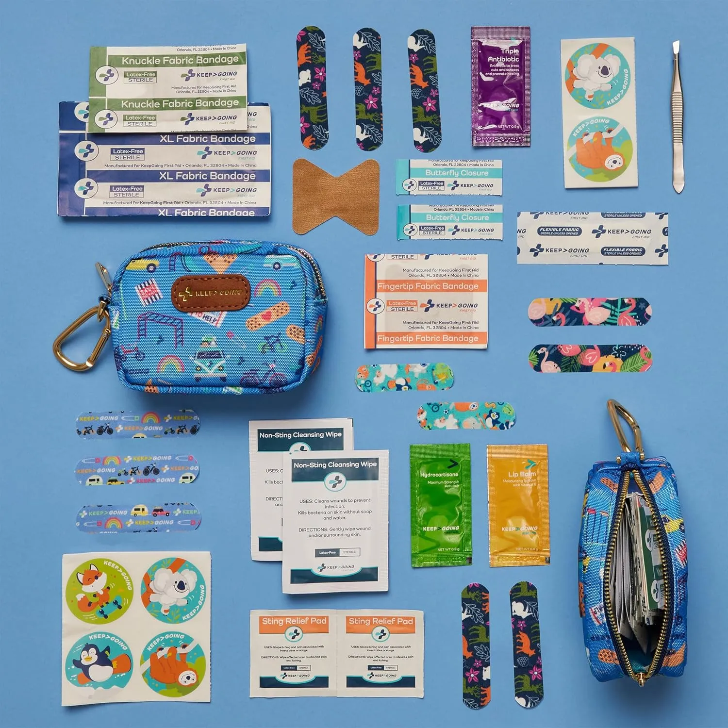 KeepGoing Small Travel First Aid Kit Kids  60 Pc. Mini First Aid Kit for Purse, Diaper Bag, & Backpack with Latex-Free Bandages  4 Oz., & 4.5 x 3.5 x 2 in, TSA-Approved