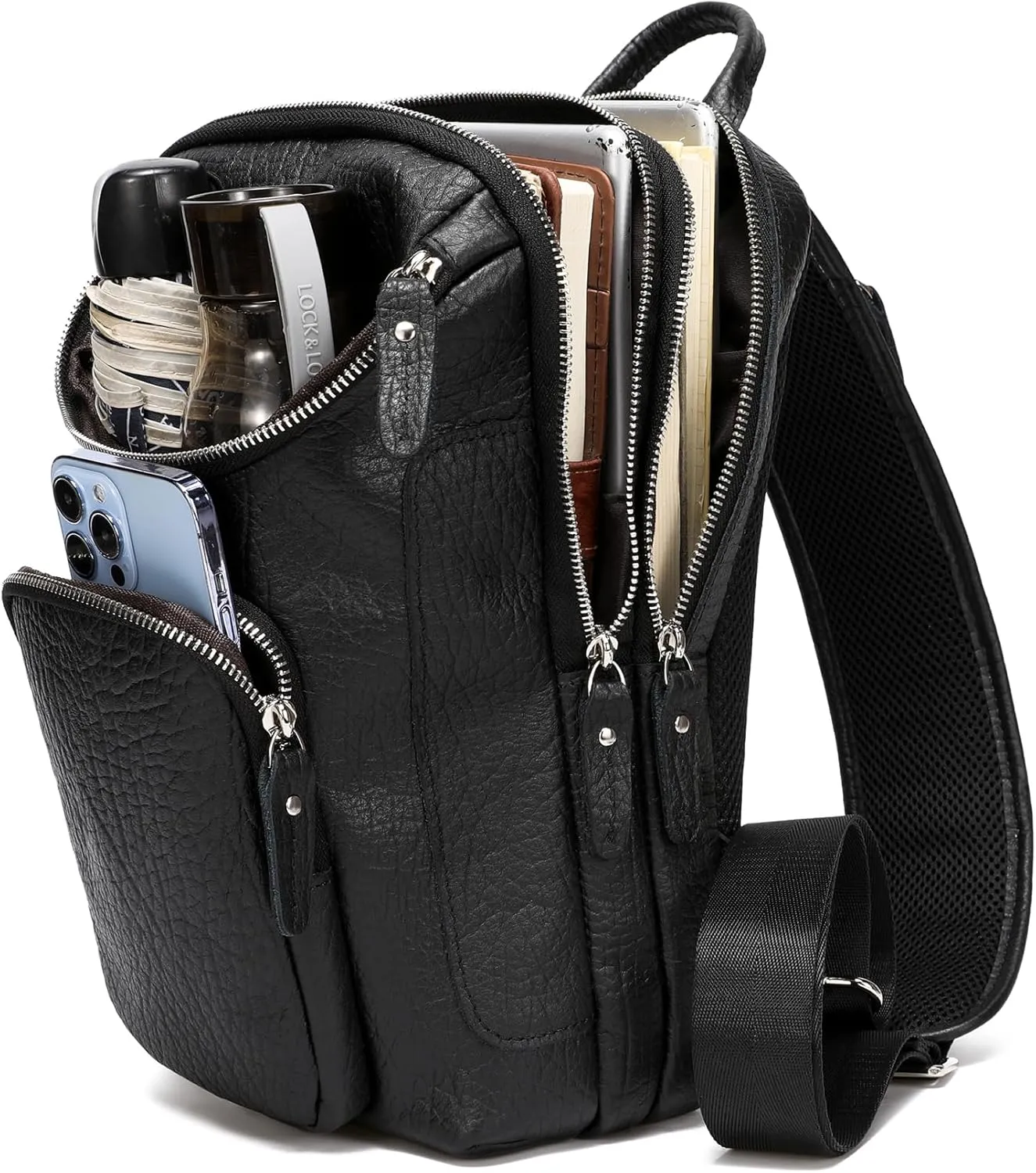 LANNSYNE Vintage Full Grain Leather Sling Bag Crossbody Chest Daypack