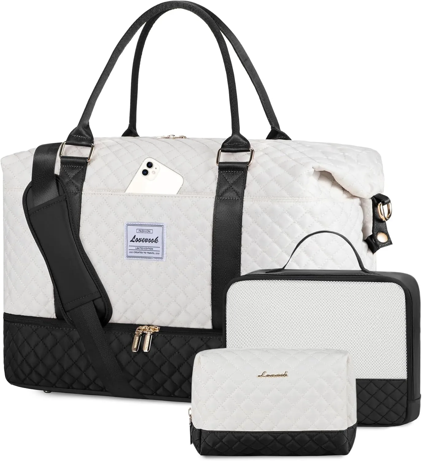 LOVEVOOK Travel Weekender Bag for Women, Carry on Overnight with Shoe Compartment, Travel Duffle Women, Yoga Gym Duffel with Wet Pocket, Hospital Bags for Labor and Delivery, 3 Pcs Set