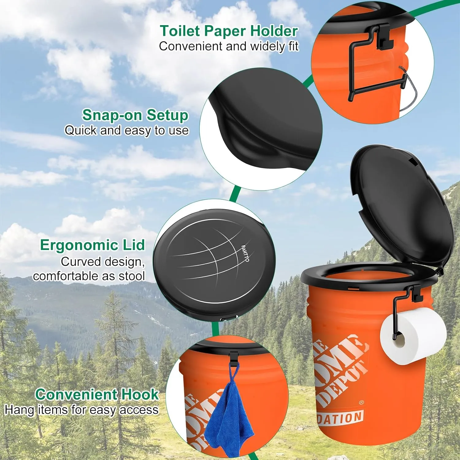 Portable Toilet Seat for 5 Gal Buckets, Camping Toilet Seat with Lid for Adults, Snap-on Toilet Seat with Storage Bags and Disposable Toilet Bags, Camping, Hiking, Emergency, Car, Boat