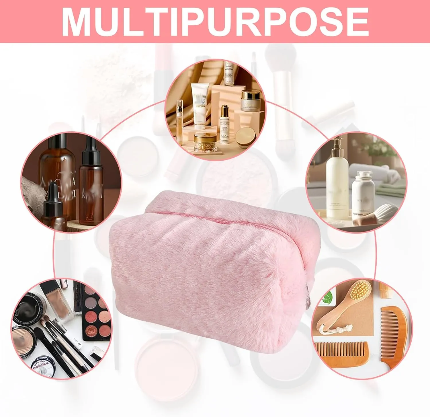 Small Cosmetic Bag,Women's Soft Plush Cute Cosmetic Bag,Mini Makeup Bag,Makeup Bag for Purse,Suitable for Ladies And Girls (Pink)
