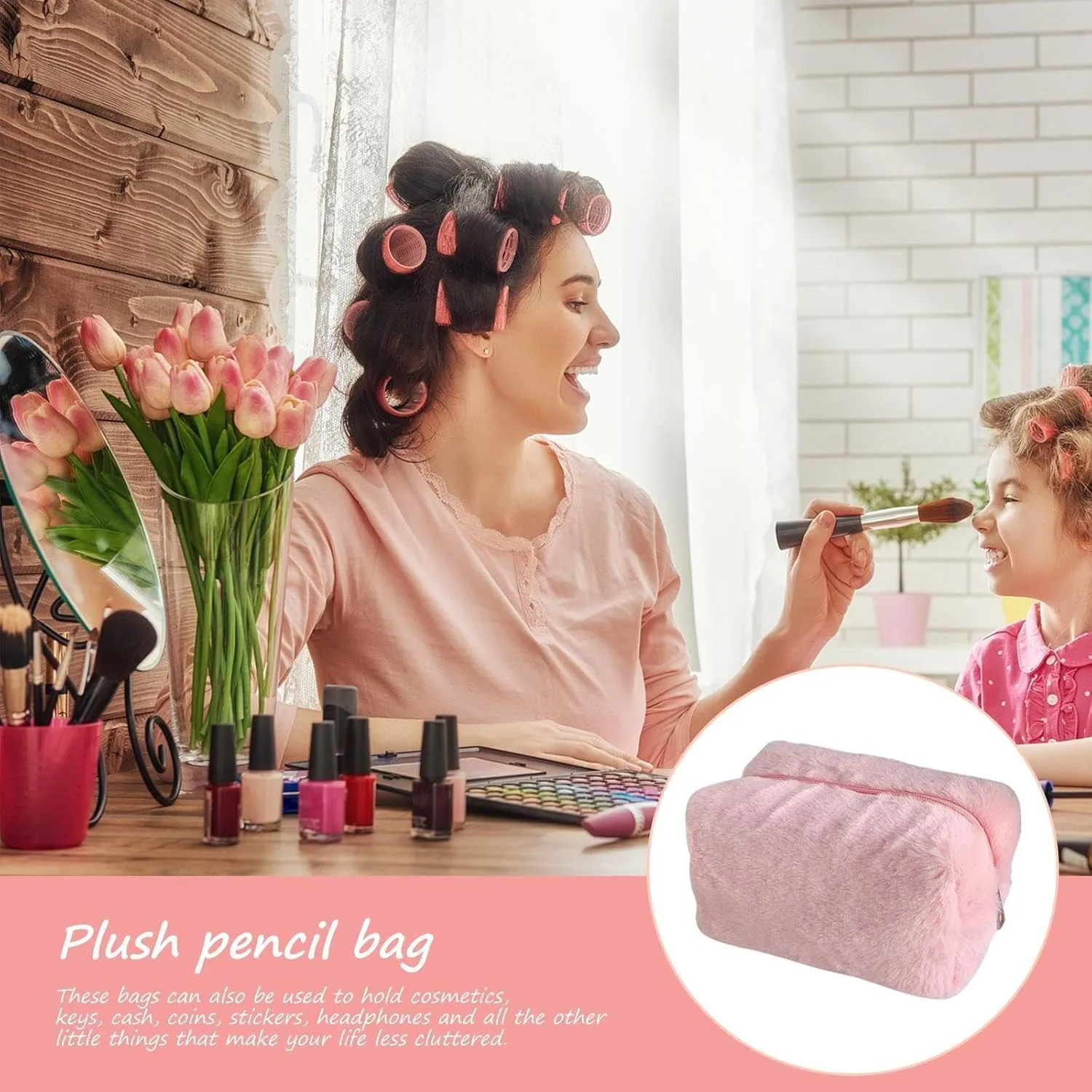 Small Cosmetic Bag,Women's Soft Plush Cute Cosmetic Bag,Mini Makeup Bag,Makeup Bag for Purse,Suitable for Ladies And Girls (Pink)
