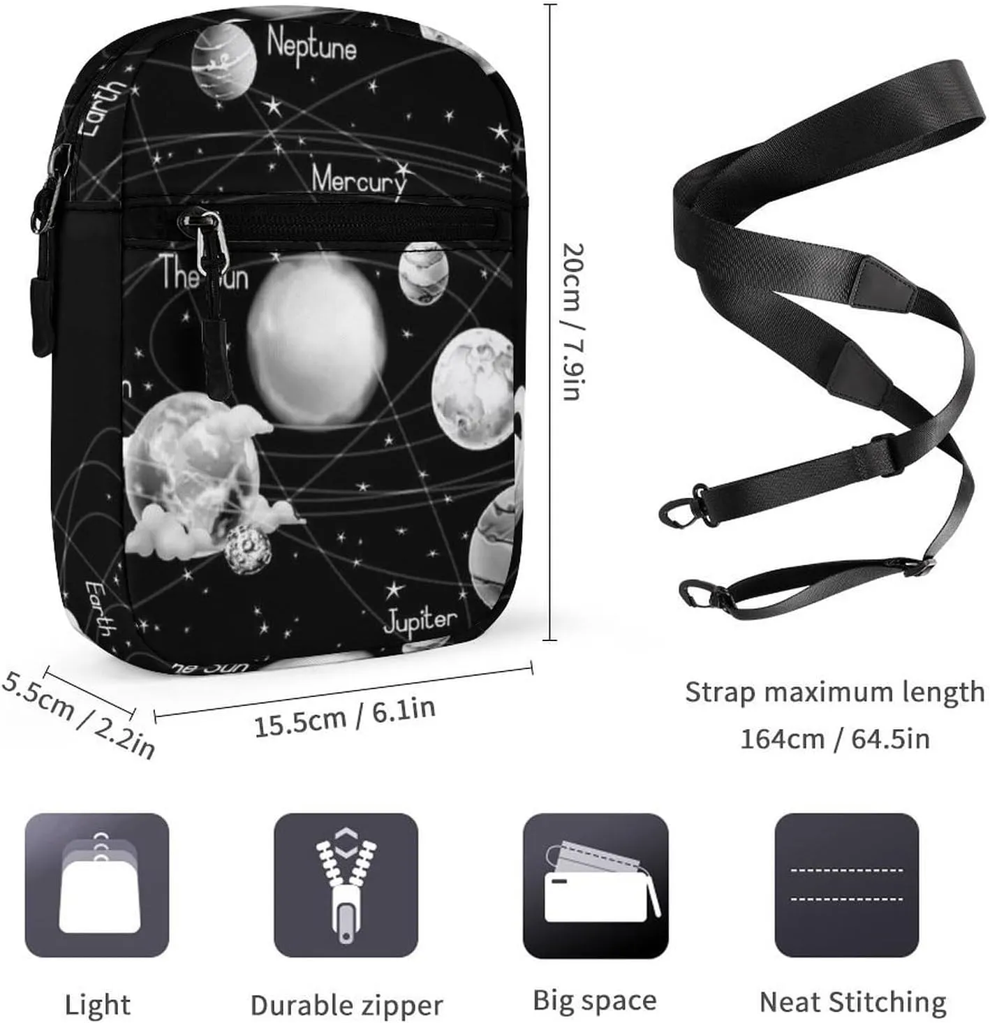 Solar System Nebulas Black White Adjustable Fanny Waist Pack Pouch, Waterproof Crossbody Runners Bag Wallet for Gym Hiking Fitness Women Men 6.1 x 2.2 x 7.9 inch