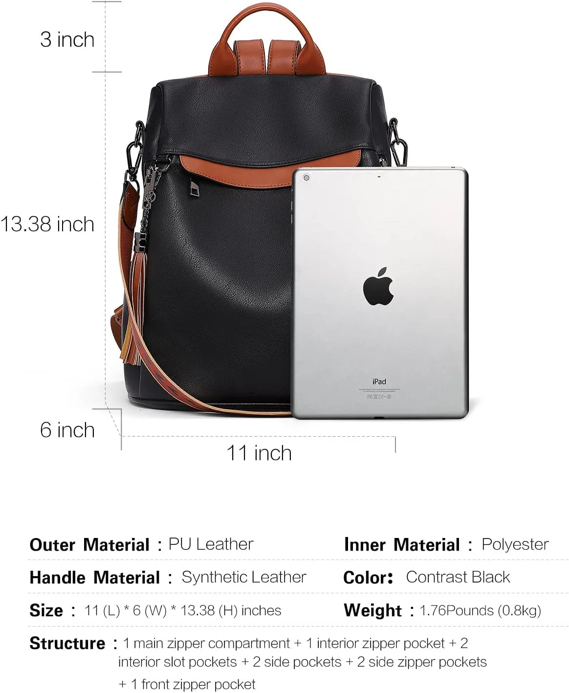 Telena Backpack Purse for Women, PU Leather Anti Theft Travel Purse Shoulder Bags with Tassel