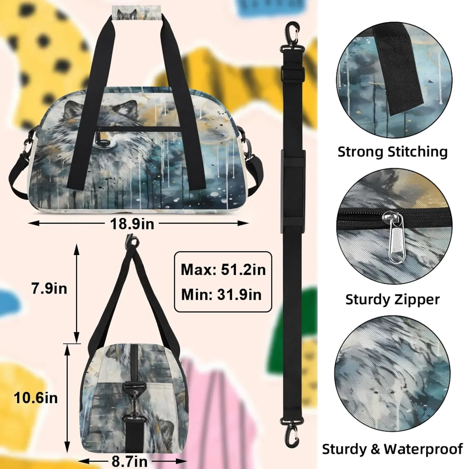 Wolf Wildlife Small Gym Bag 18 inch Carry On Duffel Bag for Weekender Travel Sports Workout Yoga Gymnastics Dance Ballet