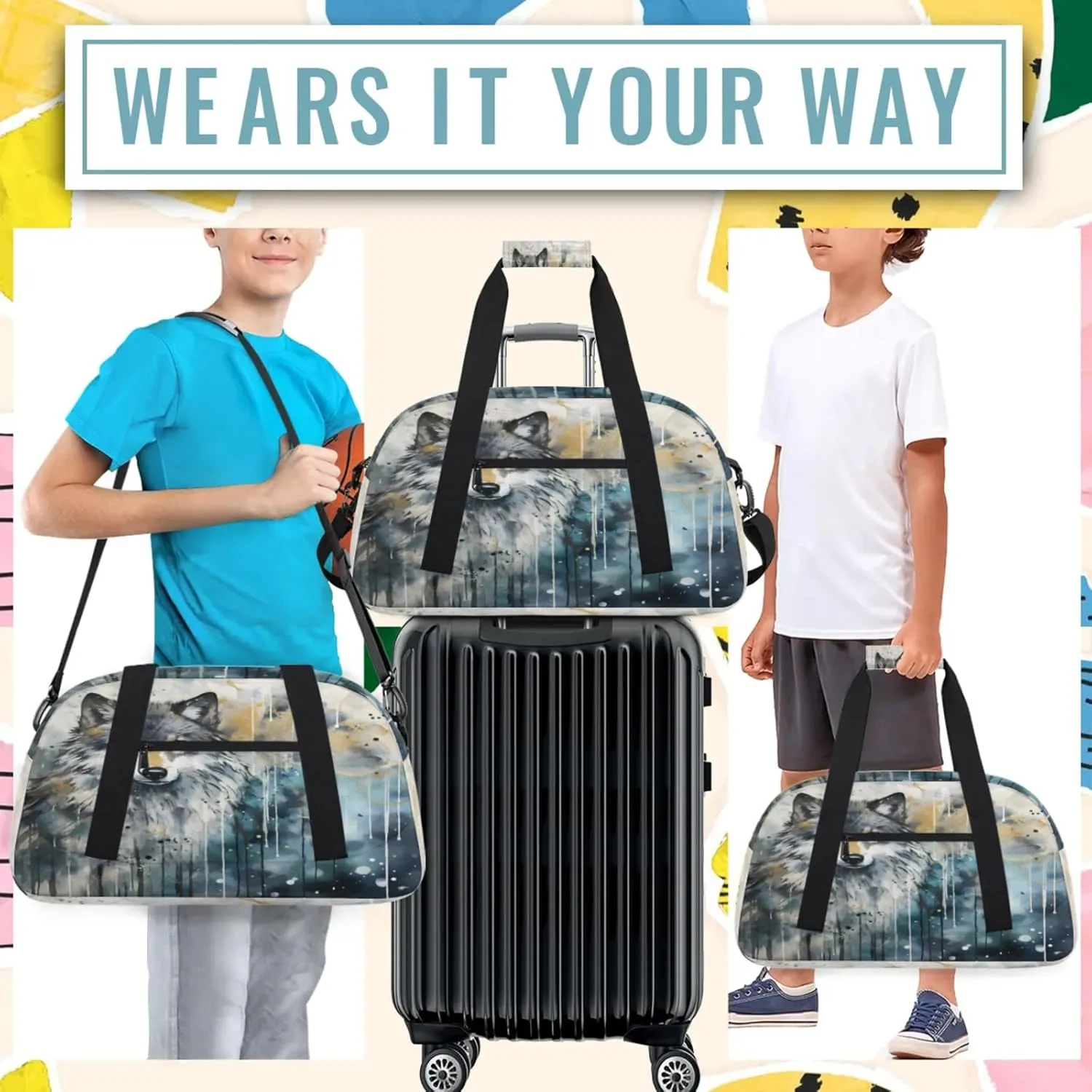 Wolf Wildlife Small Gym Bag 18 inch Carry On Duffel Bag for Weekender Travel Sports Workout Yoga Gymnastics Dance Ballet